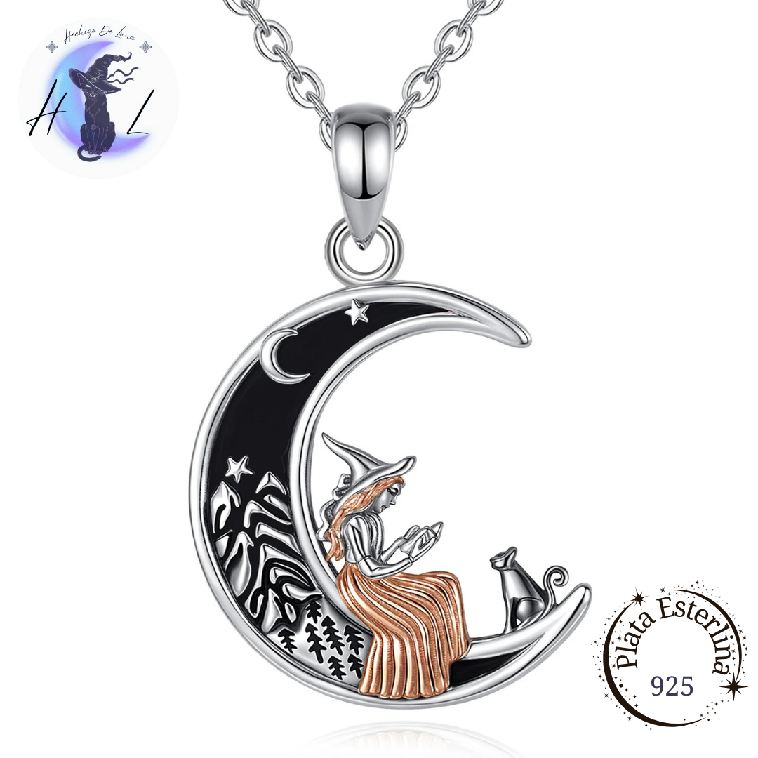 Colgante De Plata, Luna, Bruja Y Gato.