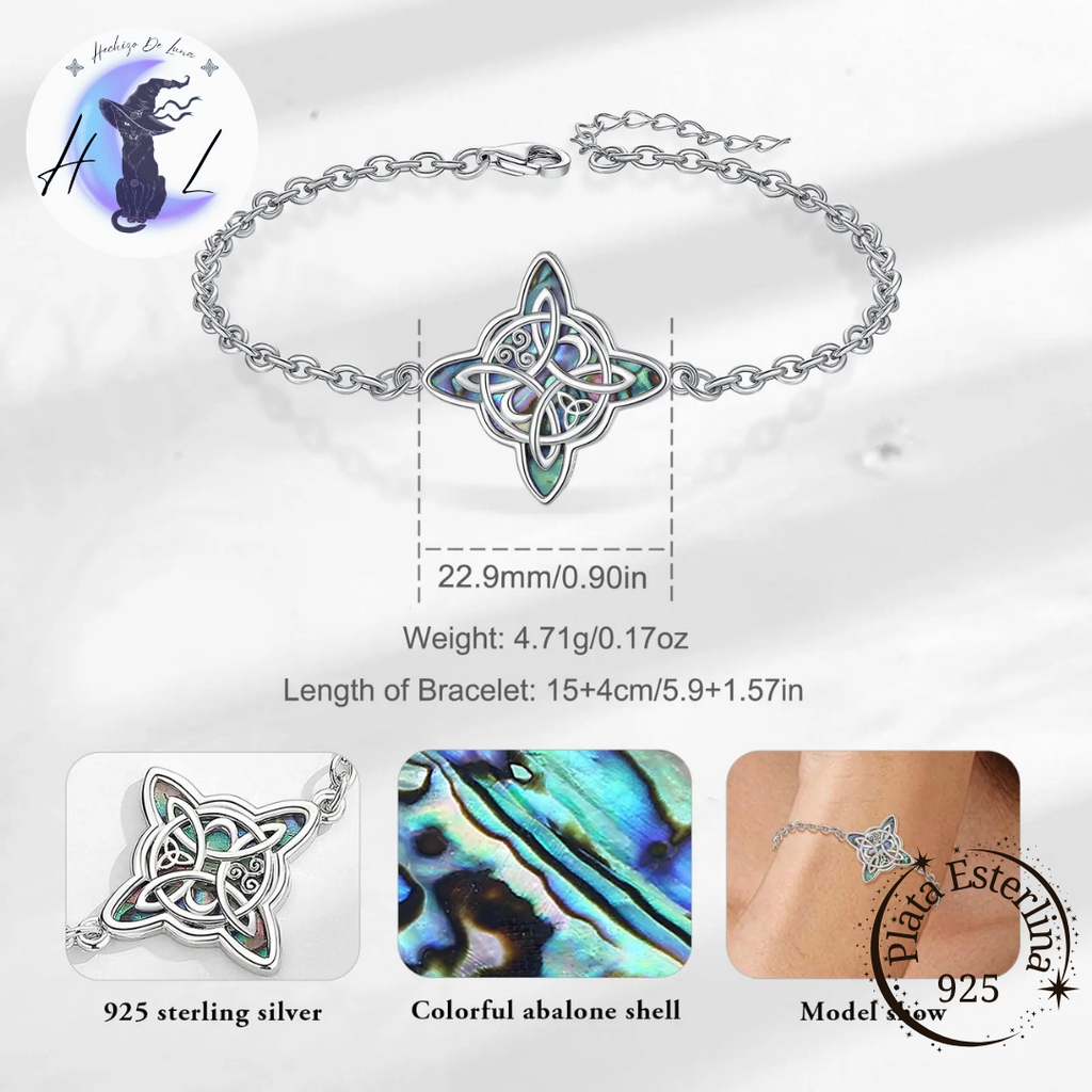 Pulsera De Plata Y Abulón, Diseño Nudo De Bruja, Triqueta, Trisquel Y Media Luna.