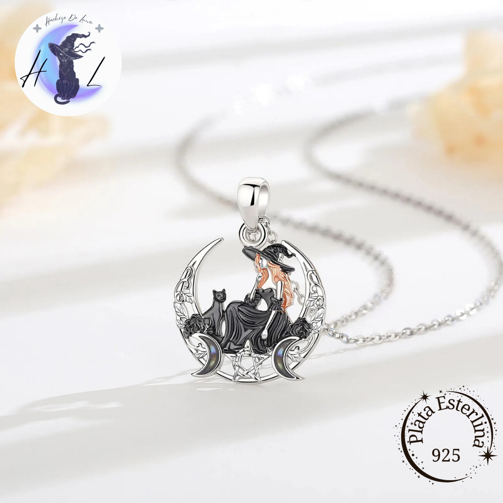 Bruja con Gato y Triple Luna | Colgante de Plata 925