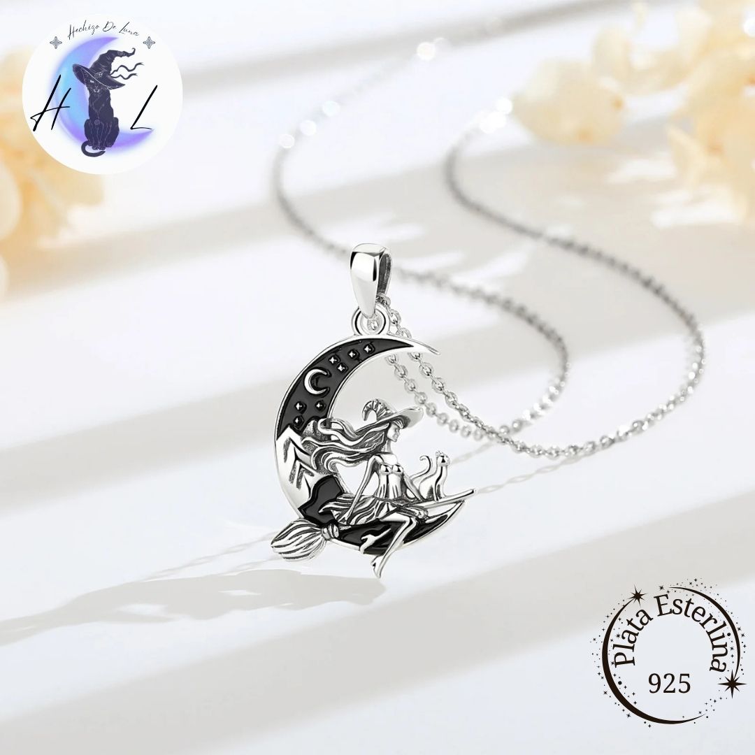 Bruja con Gato y Media Luna | Colgante de Plata 925