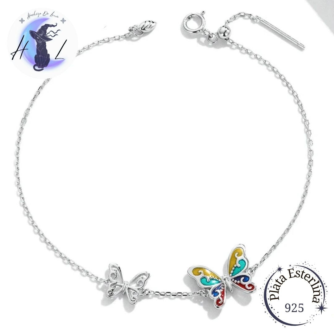 Pulsera De Plata, Diseño Mariposa Arcoíris.