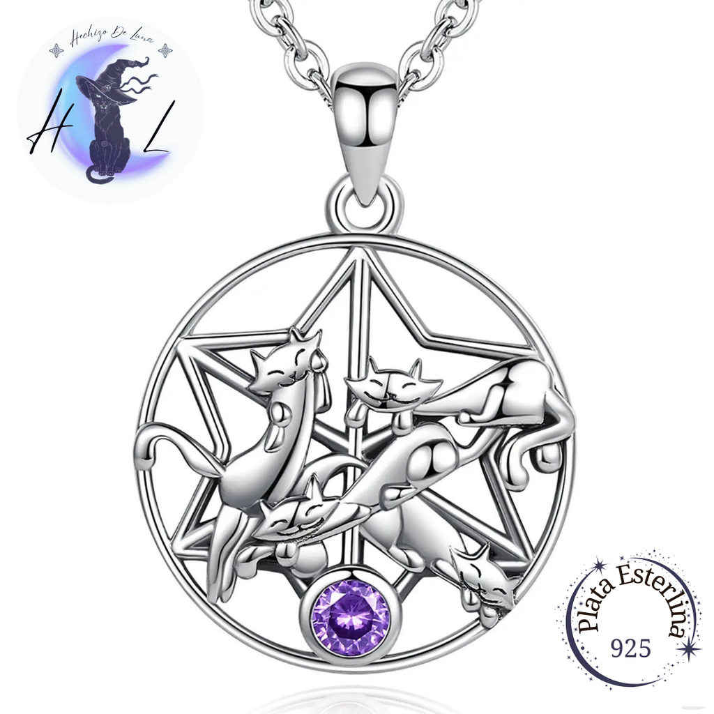 Colgante De Plata Y Circón Púrpura, Diseño Gatitos De La Suerte.