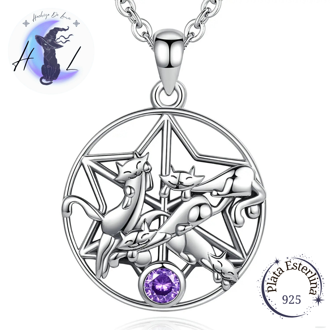Colgante De Plata Y Circón Púrpura, Diseño Gatitos De La Suerte.