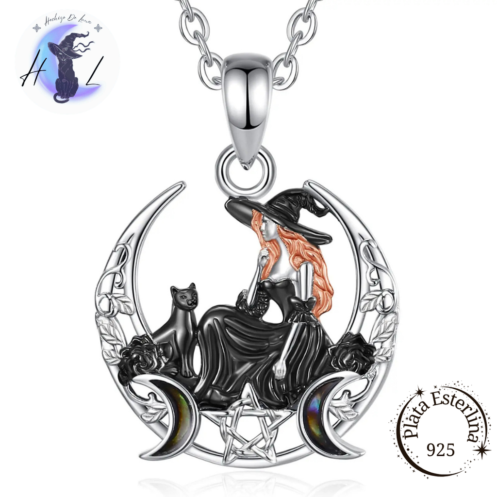 Bruja con Gato y Triple Luna | Colgante de Plata 925