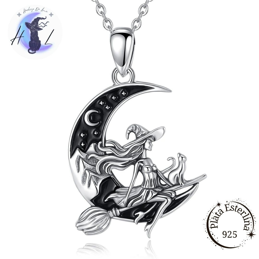 Bruja con Gato y Media Luna | Colgante de Plata 925