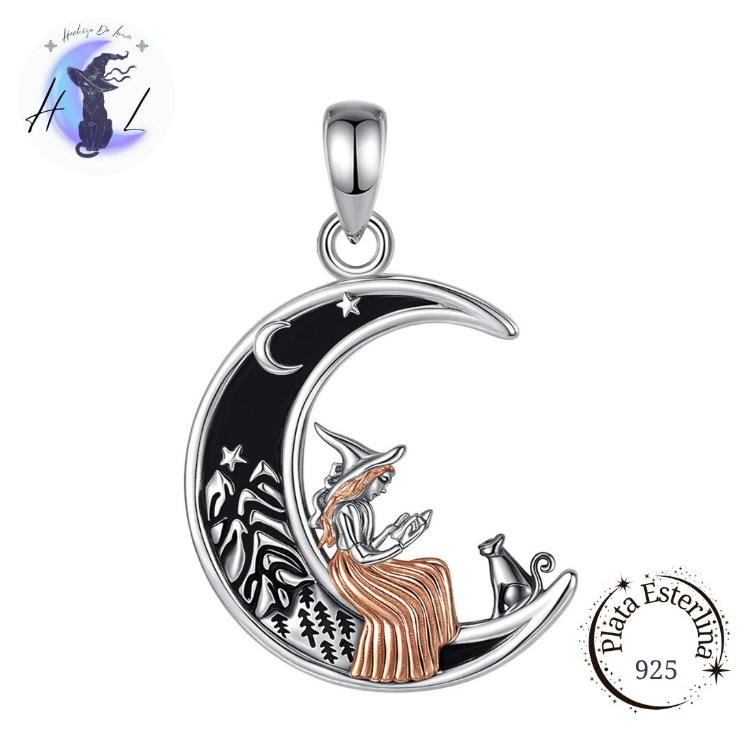 Colgante De Plata, Luna, Bruja Y Gato.