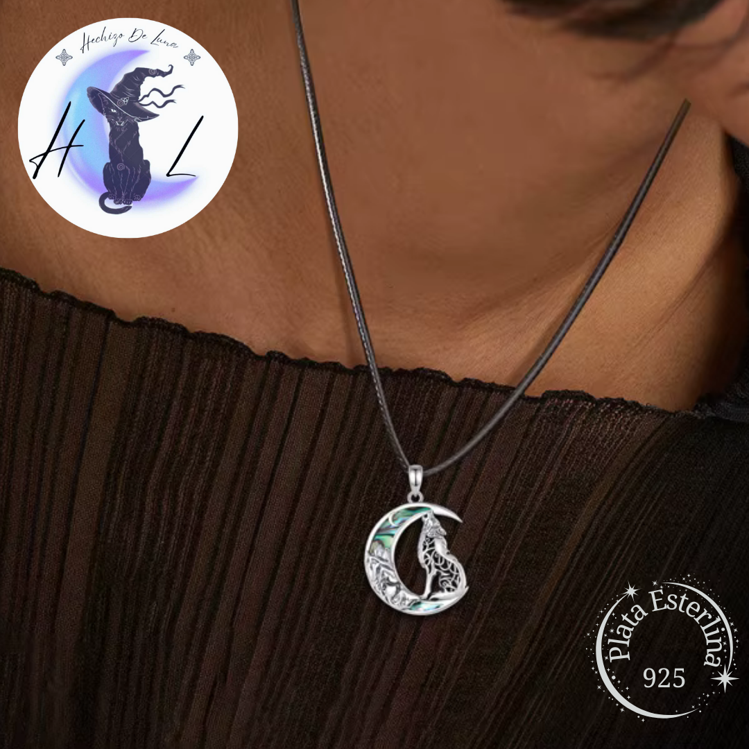 Colgante Diseño Lobo y Medialuna De Abulón de Plata925.