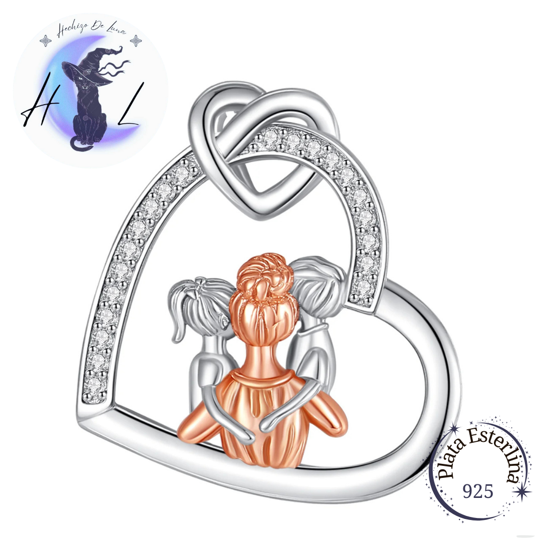 Colgante De Plata Y Circón, Diseño Corazón Madre e Hijos.