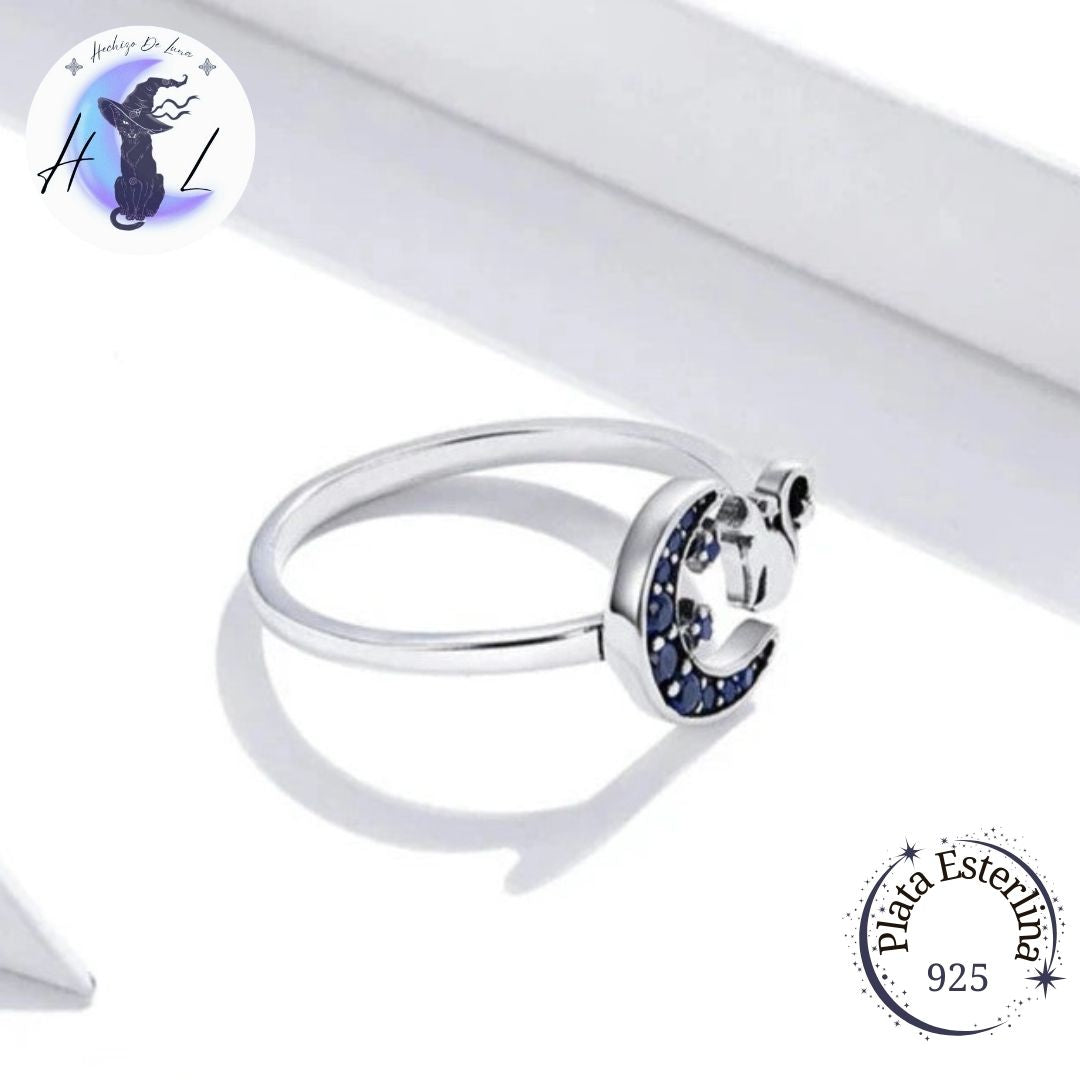 Anillo Ajustable De Plata Y Circón Azul, Diseño Gato Y Media Luna.