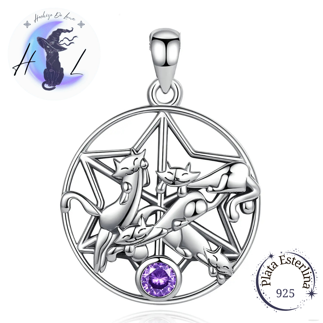 Colgante De Plata Y Circón Púrpura, Diseño Gatitos De La Suerte.