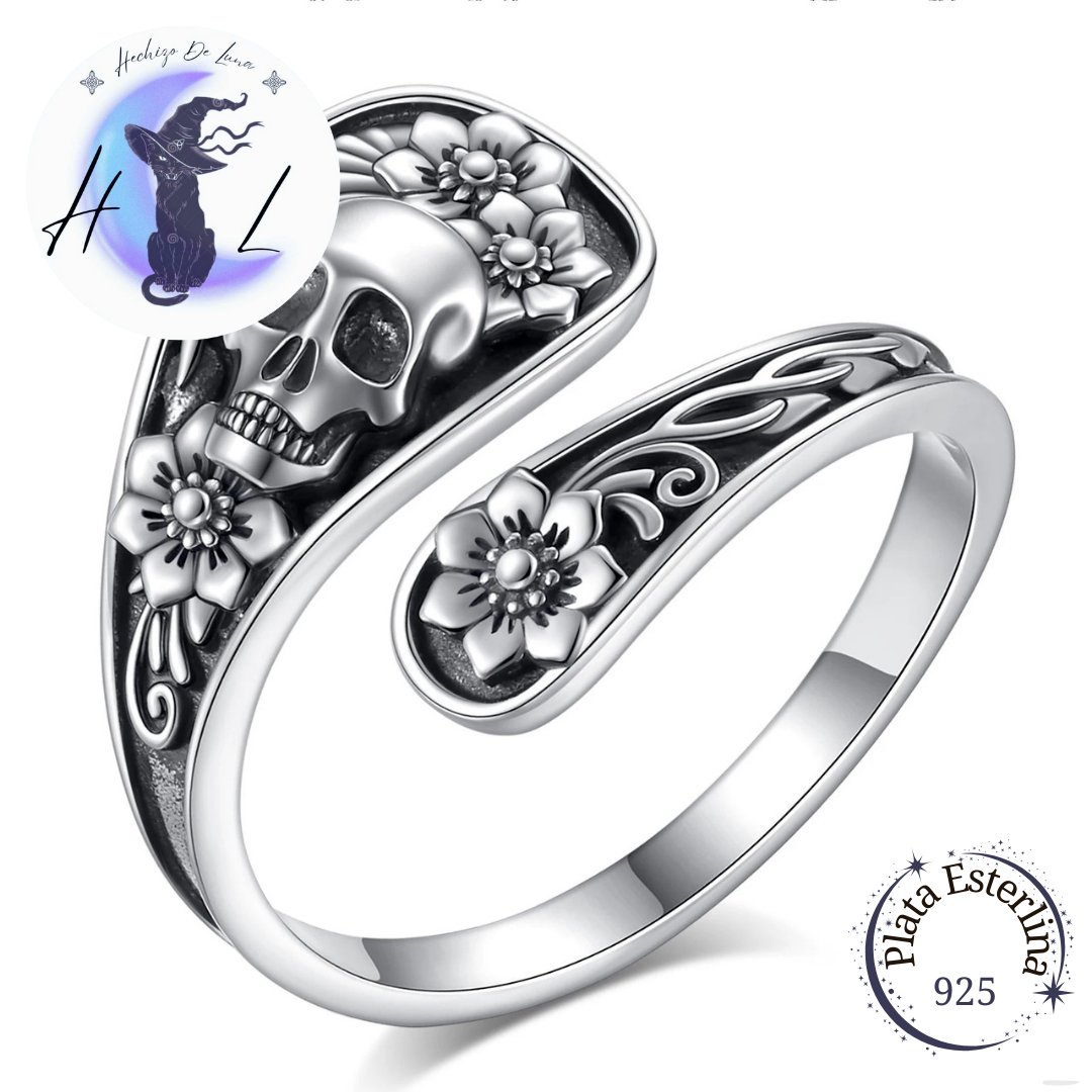 Anillo De Plata Ajustable, Diseño Calavera Y Flores.