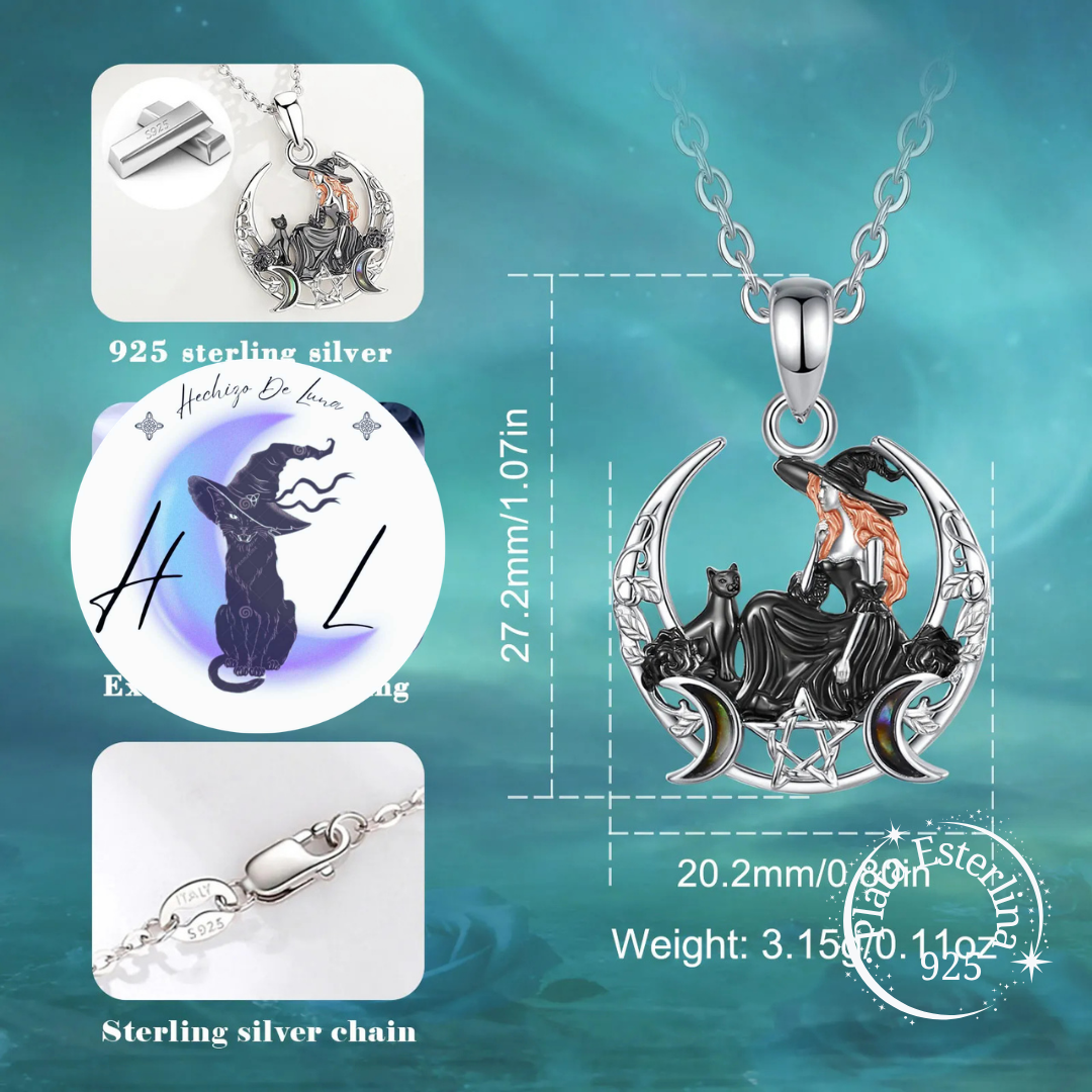 Bruja con Gato y Triple Luna | Colgante de Plata 925