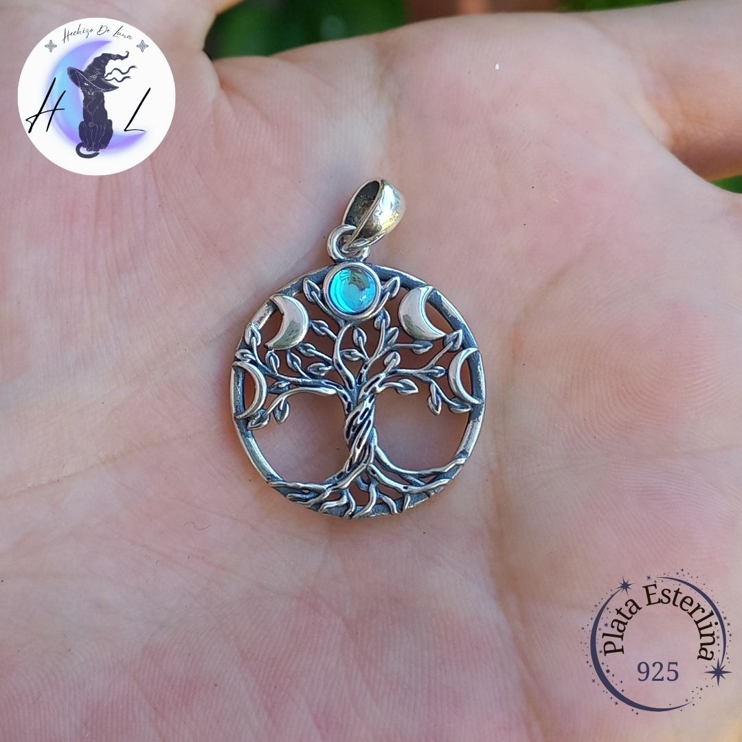 Colgante Árbol de la Vida con Piedra y Triple Luna con Cadena de Plata 50 cm.