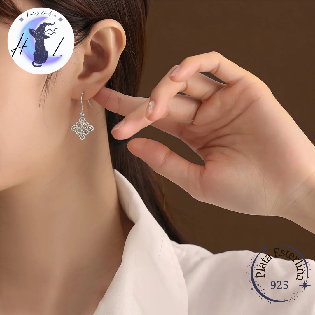 Aros Colgantes De Plata, Diseño Nudo De Bruja.