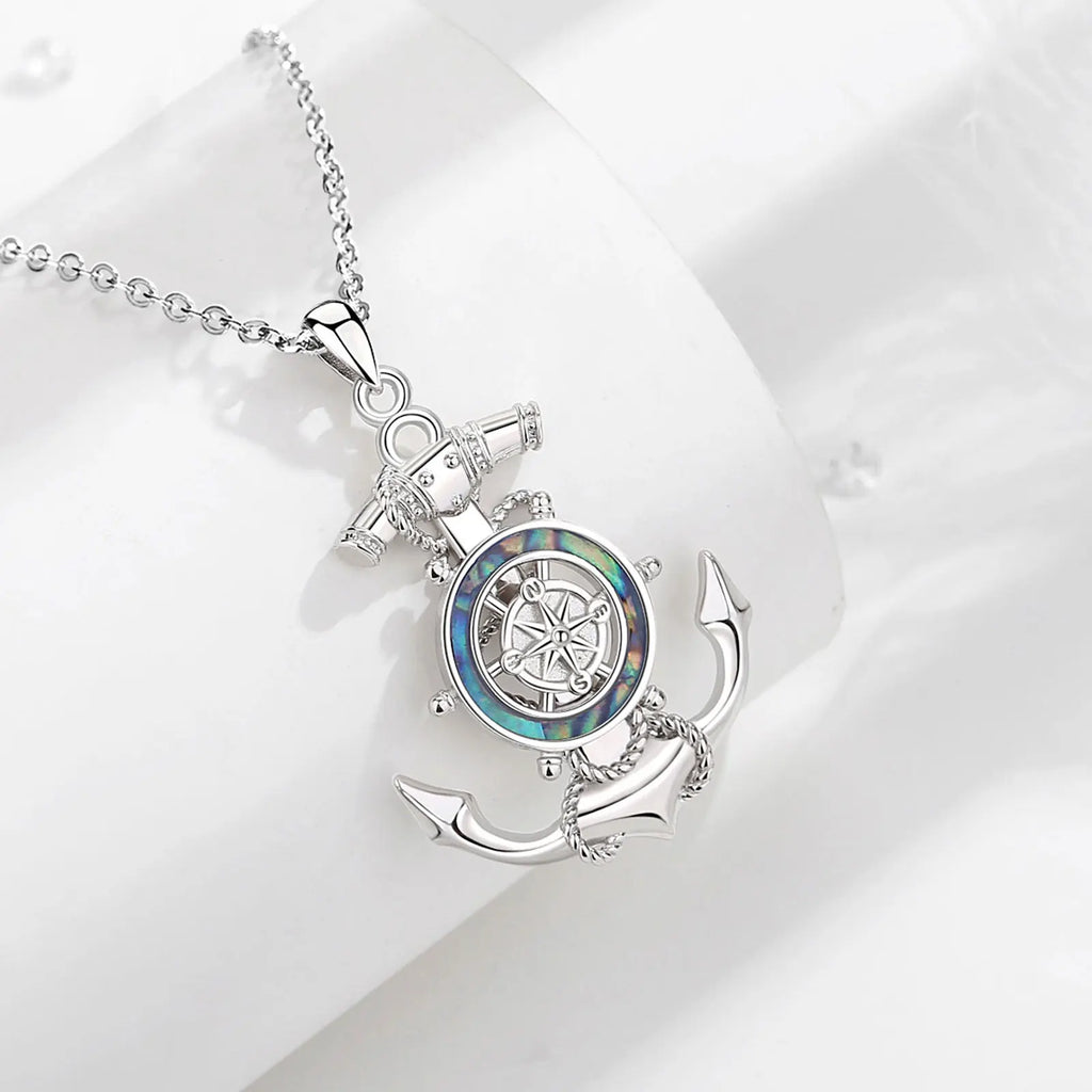Colgante De Plata Y Abulón, Diseño Ancla Con Timón Giratorio.