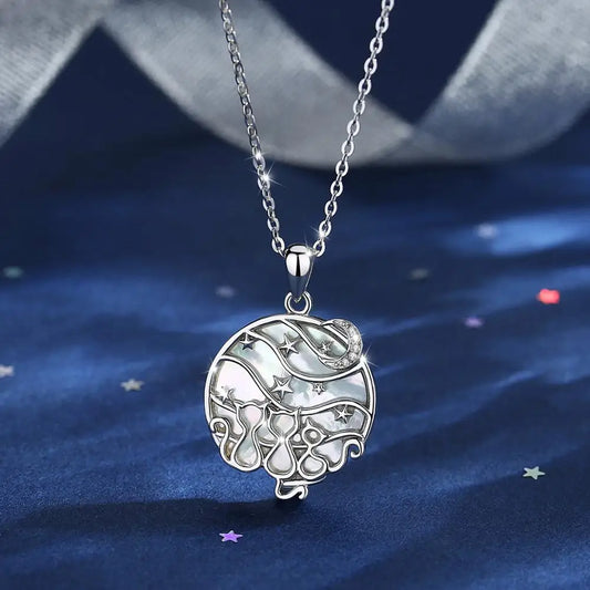 Colgante De Plata Y Nácar, Diseño Gatitos, Luna Y Estrellas.