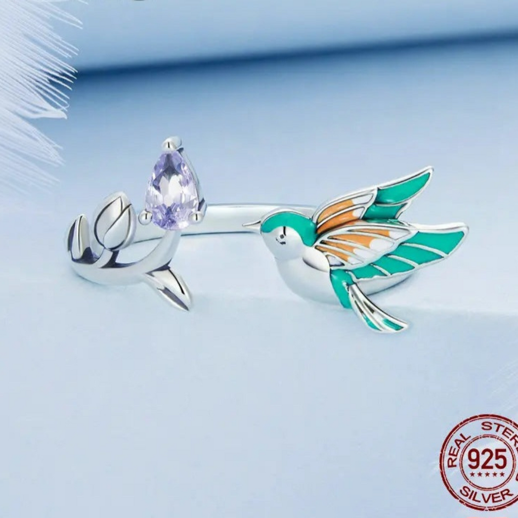 Anillo Ajustable Pájaros Y Flores De Plata.