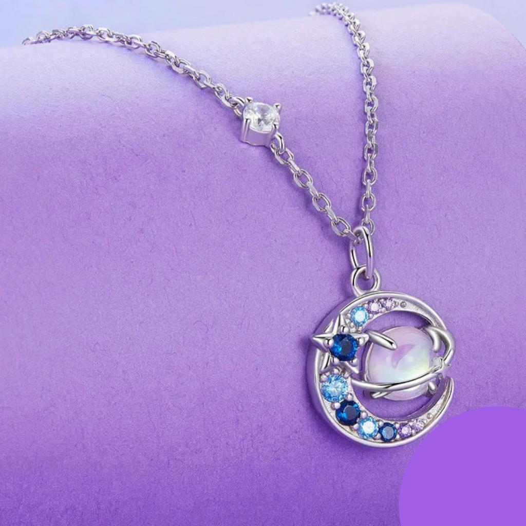 Collar De Plata Luna Y Planeta Con Circón.