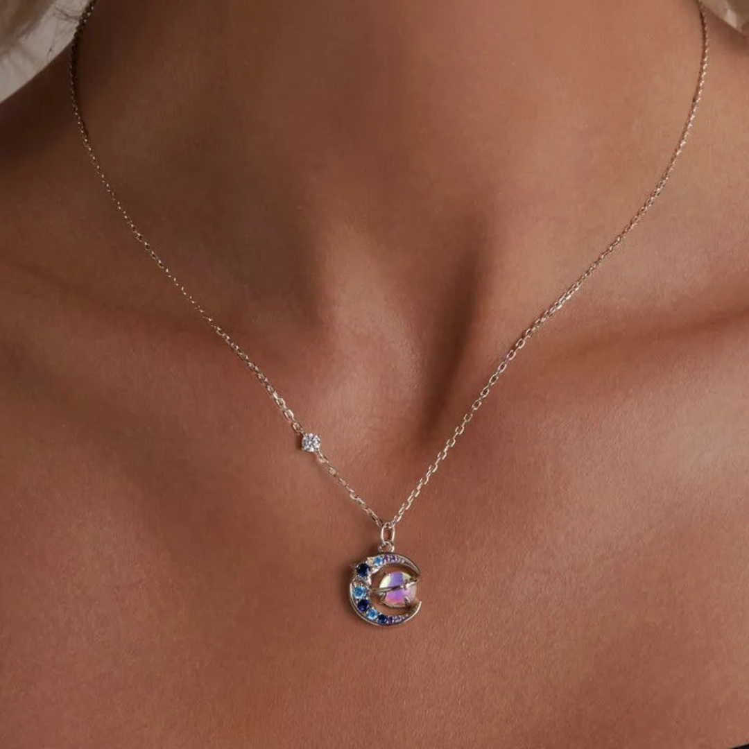 Collar De Plata Luna Y Planeta Con Circón.