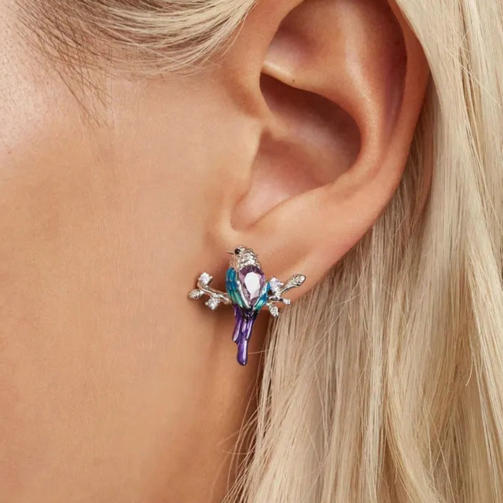 Conjunto De Plata Aros y Collar Ave De Colores.