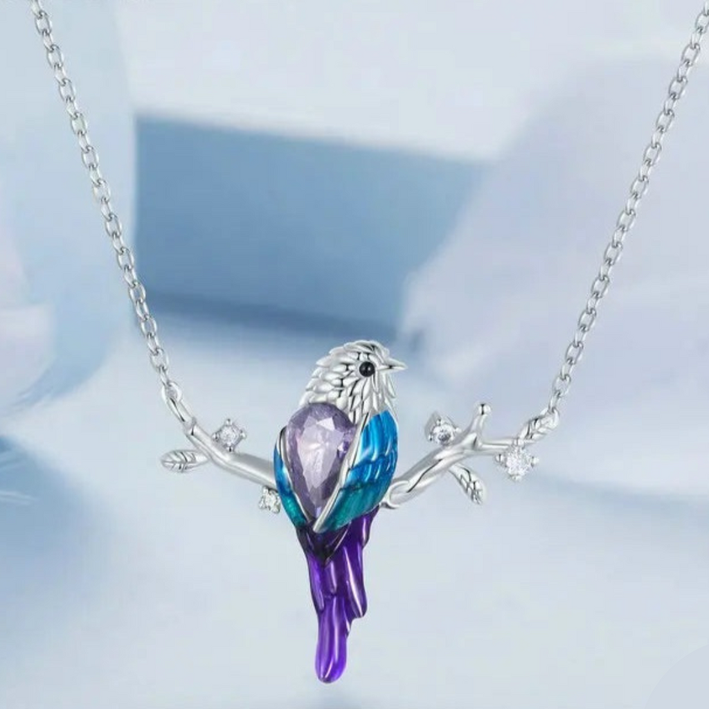 Conjunto De Plata Aros y Collar Ave De Colores.