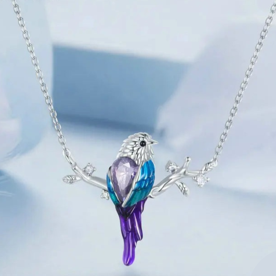 Conjunto De Plata Aros y Collar Ave De Colores.
