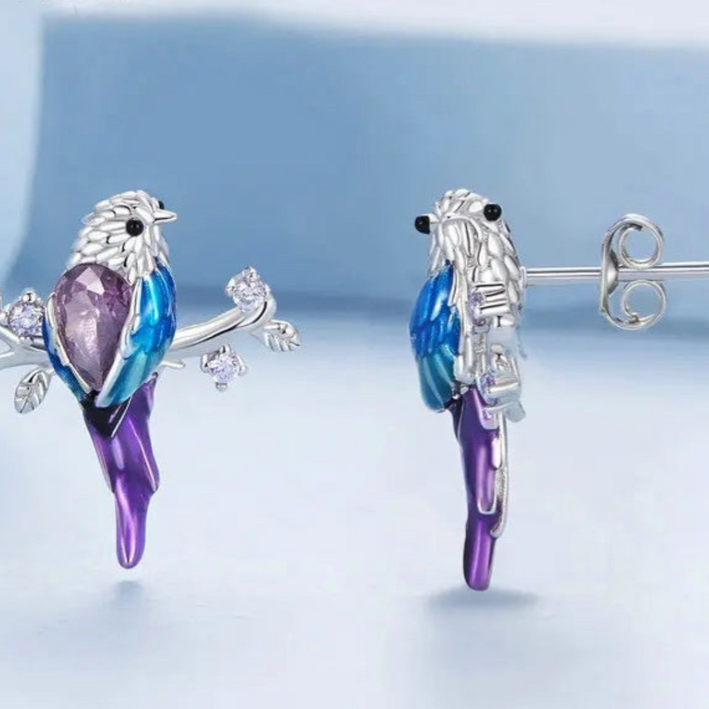 Conjunto De Plata Aros y Collar Ave De Colores.