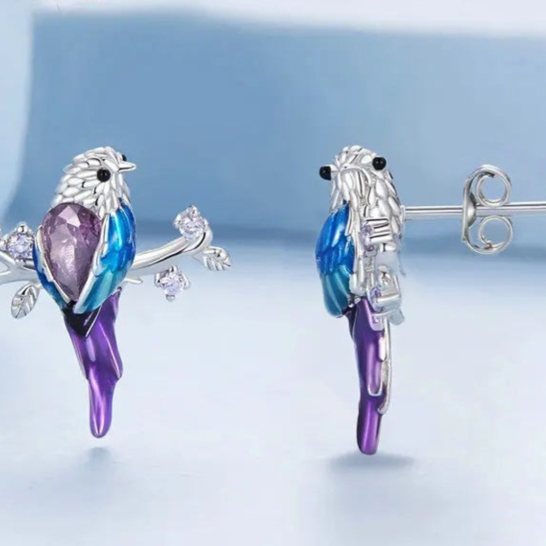Conjunto De Plata Aros y Collar Ave De Colores.
