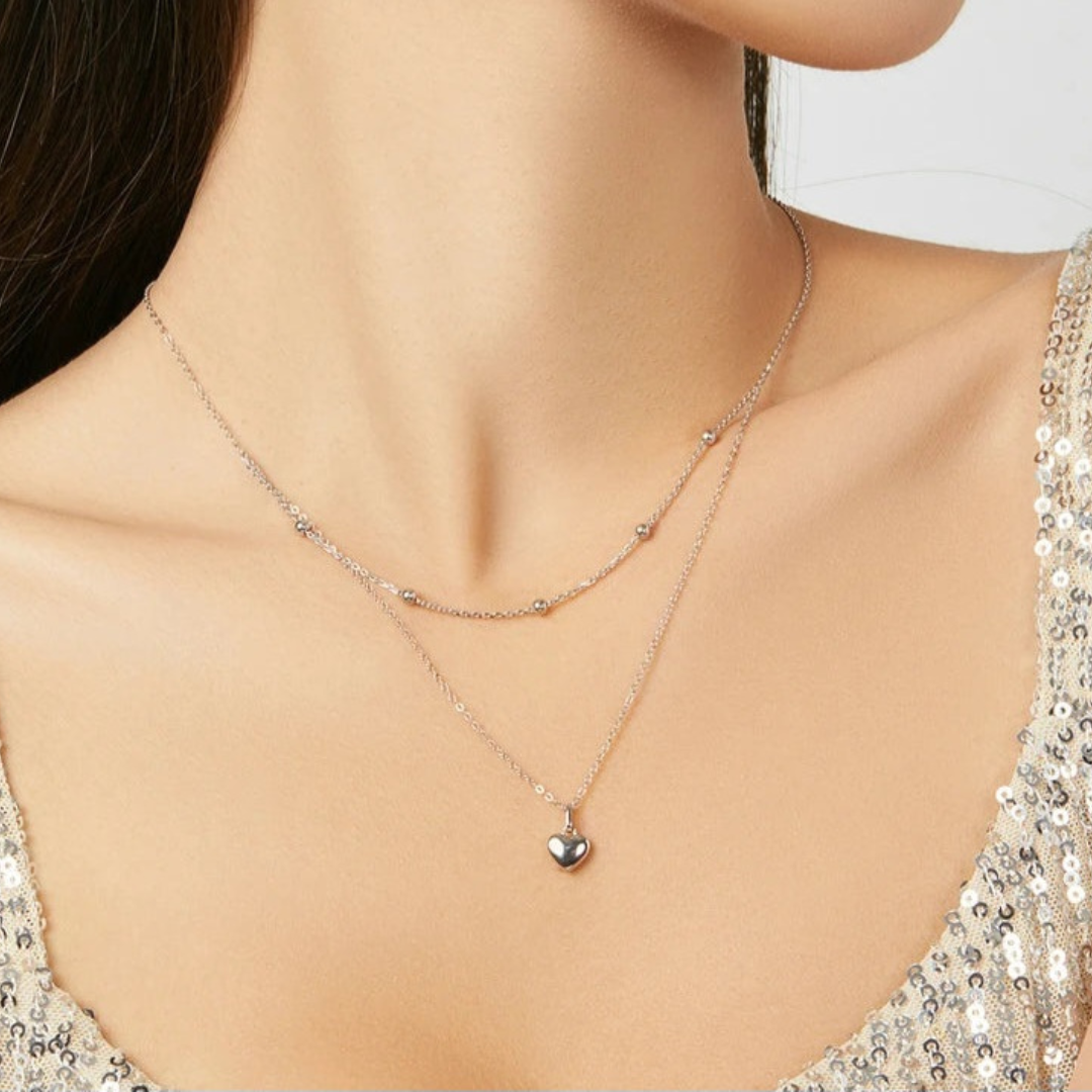 Collar De Plata Doble Capa Diseño De Corazón.