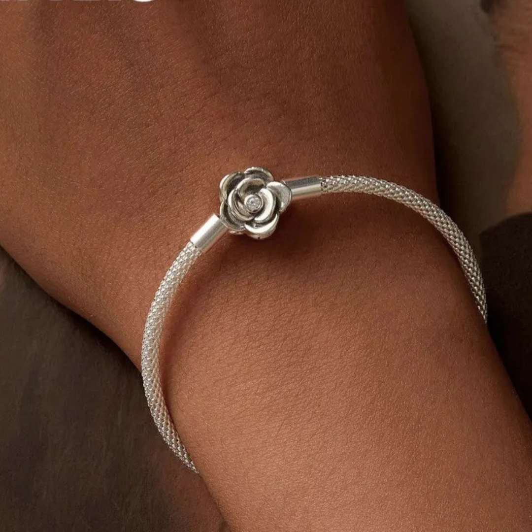 Pulsera De Plata, Diseño De Rosa, Compatible Con Charms.
