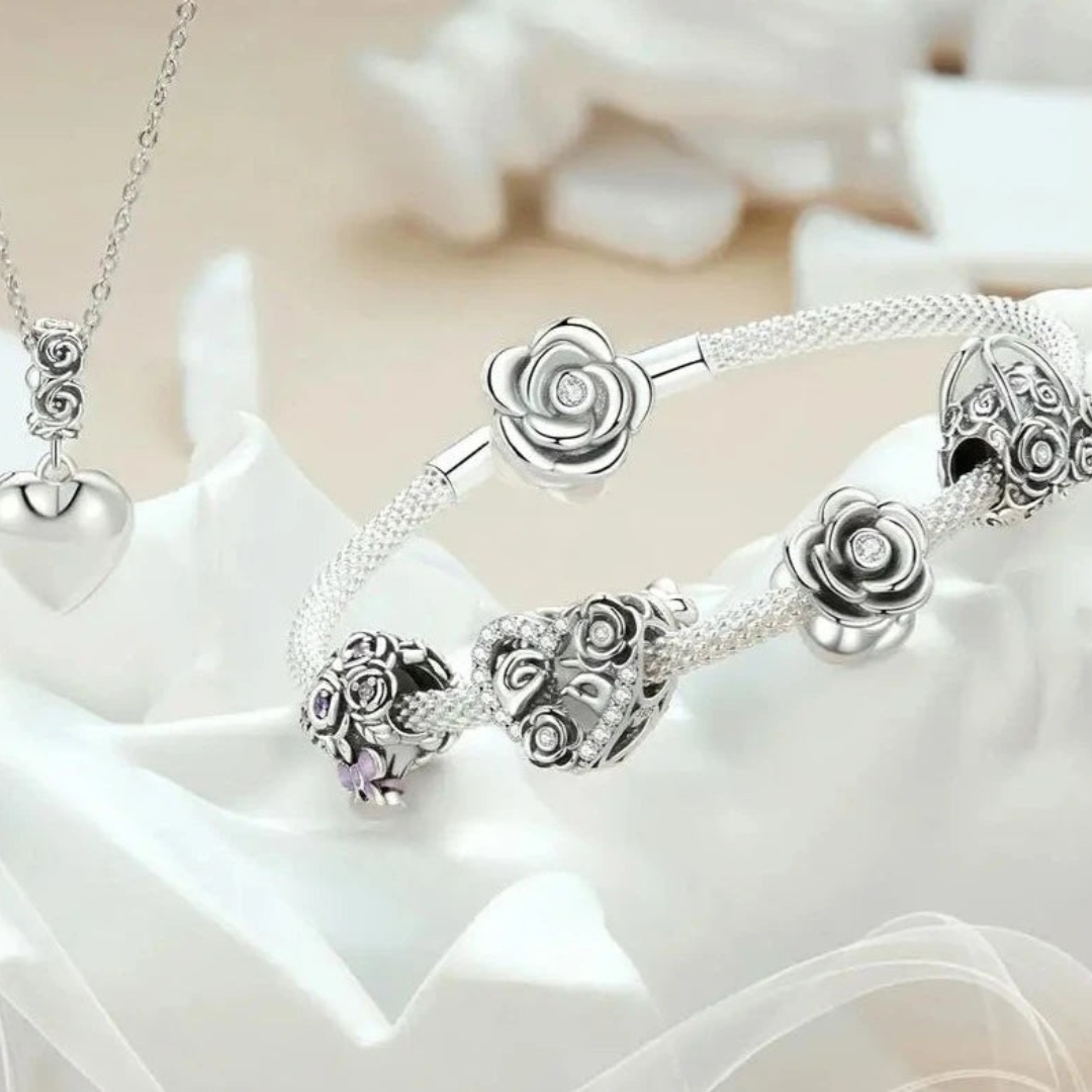 Pulsera De Plata, Diseño De Rosa, Compatible Con Charms.