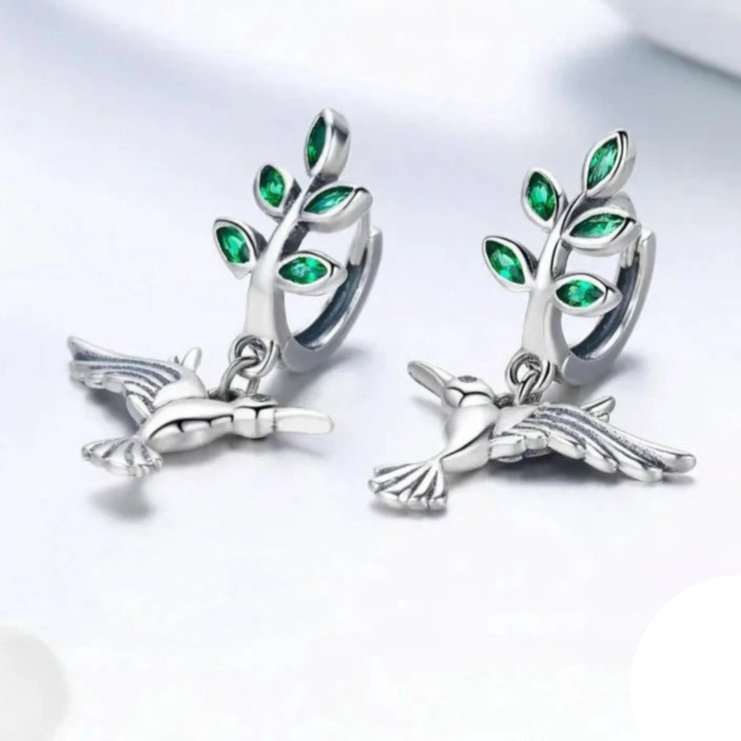 Aros De Plata Y Circón Verde, Diseño Colibrí.