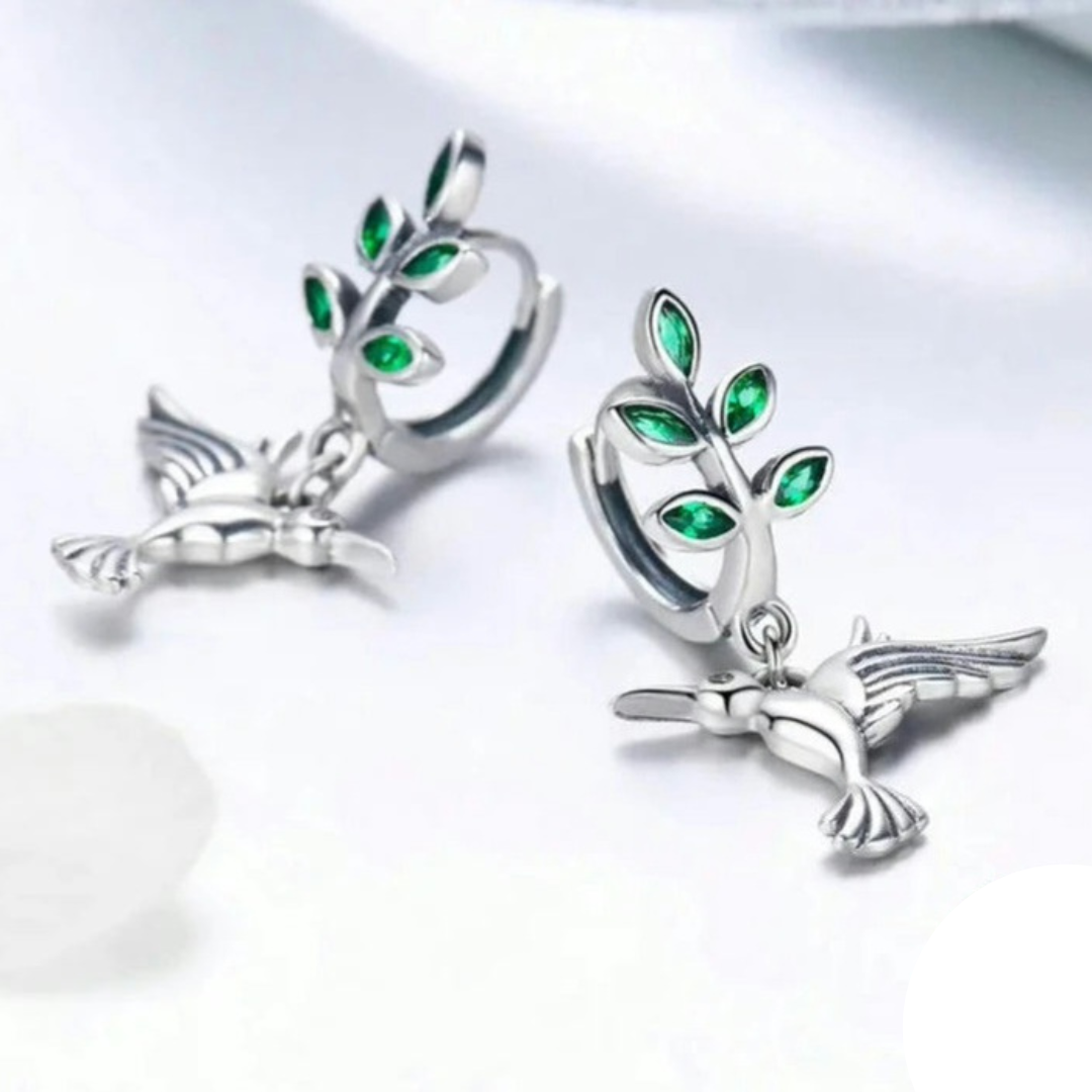 Aros De Plata Y Circón Verde, Diseño Colibrí.