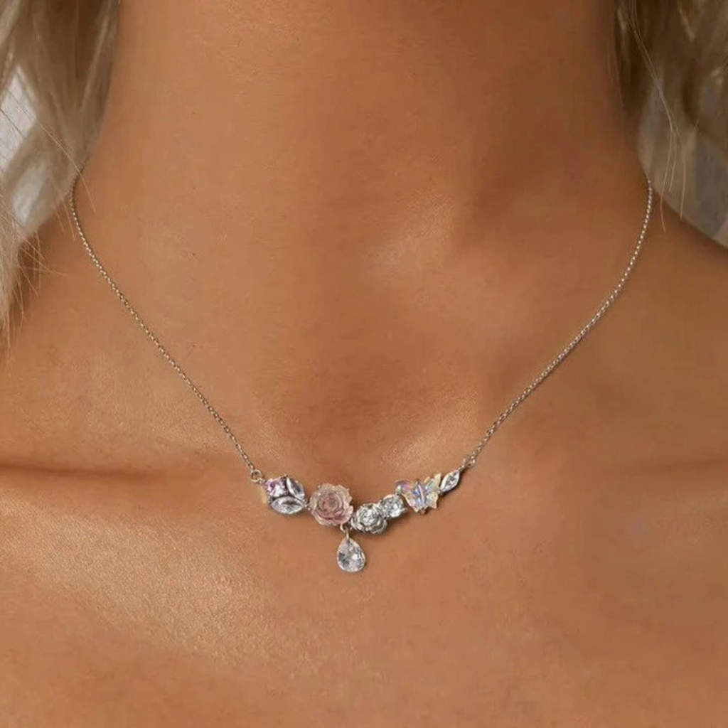Collar De Plata, Diseño Mariposa Y Flores.