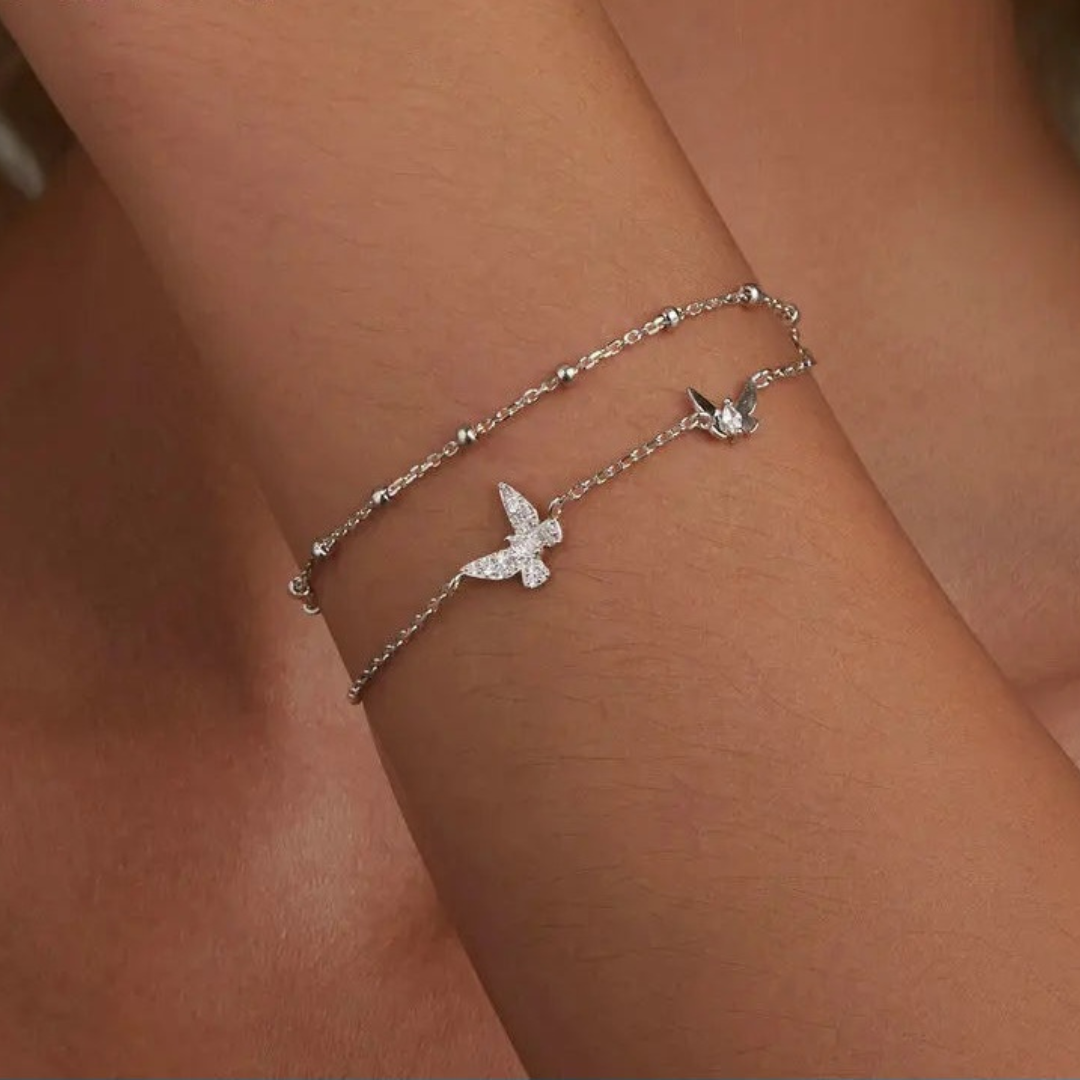 Pulsera De Plata Ajustable Doble Capa Diseño Mariposa Con Circón.