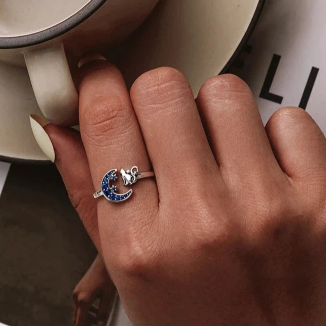 Gato Místico en Luna Azul: Set Aros + Anillo De Gato.