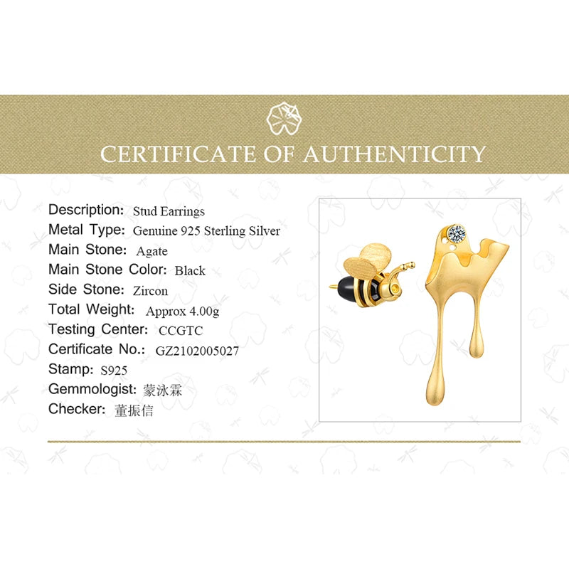 Aros Asimétricos Con Diseño De Abeja Y Miel De Plata.