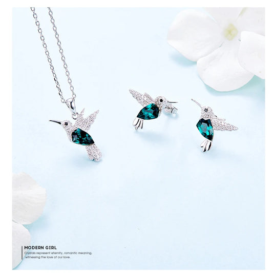 Conjunto De Plata Y Circonita De Colores, Diseño Colibrí.