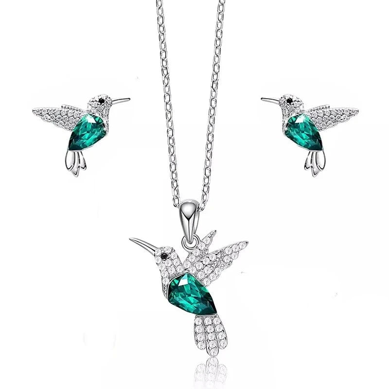 Conjunto De Plata Y Circonita De Colores, Diseño Colibrí.