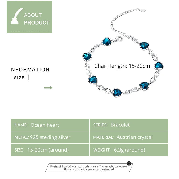 Pulsera De Plata Con Corazones Azules Y Circón.