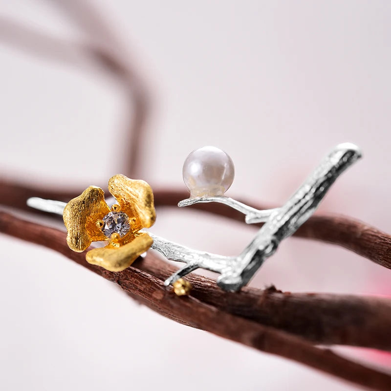Aros Diseño Flor De Ciruelo Con Circón De Plata