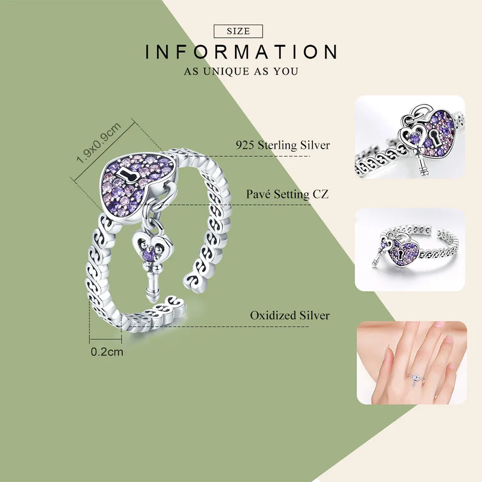 Anillo Ajustable De Plata Y Circón, Diseño Corazón c/ Llave.