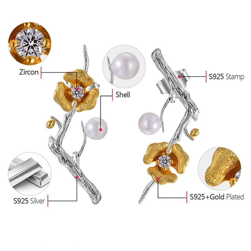 Aros Diseño Flor De Ciruelo Con Circón De Plata
