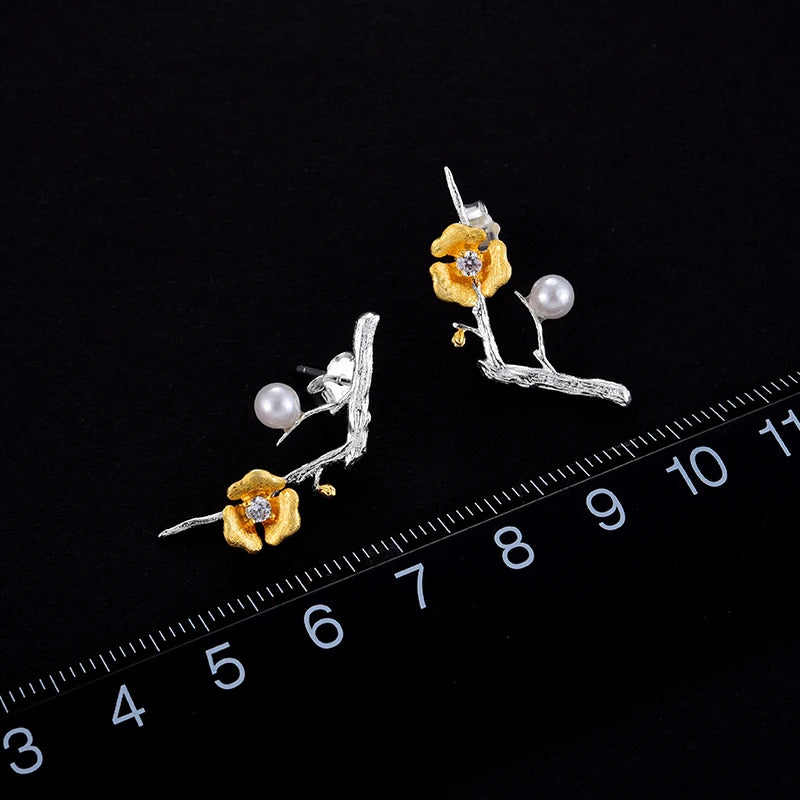 Aros Diseño Flor De Ciruelo Con Circón De Plata
