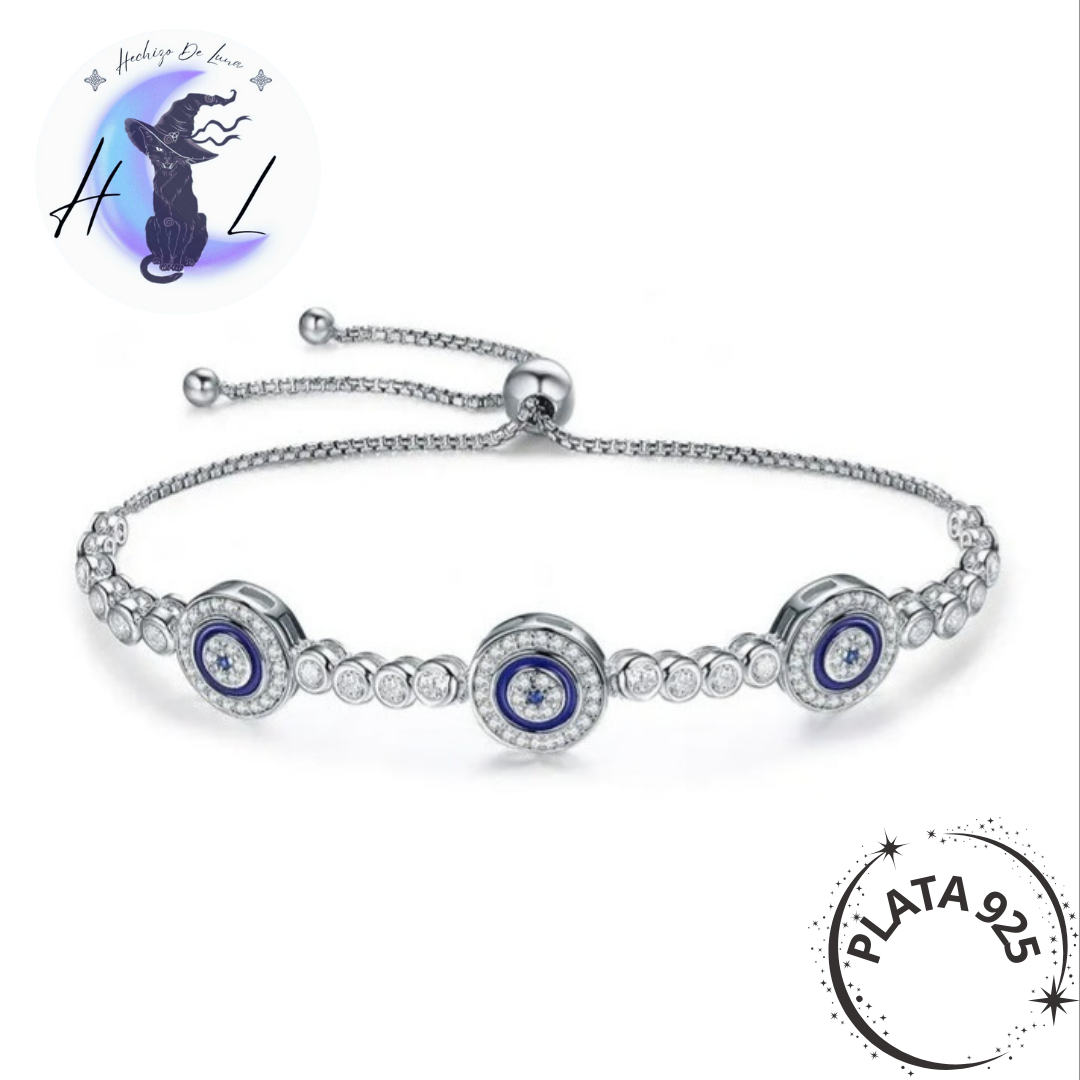 Pulsera Ojos Turcos Ajustables con Circones de Plata.