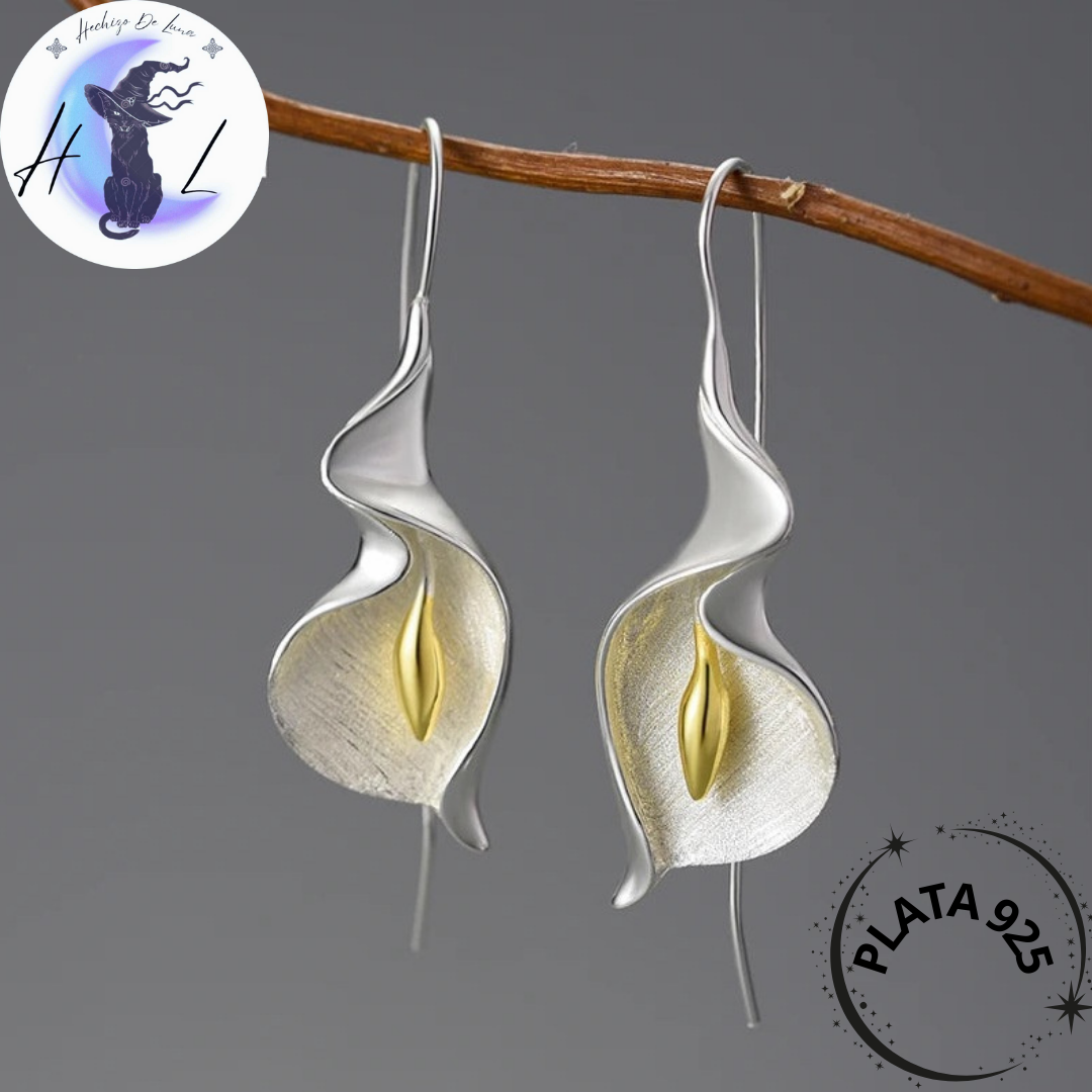 Aros Colgantes De Cala o Lirio de Agua, Plata925, Hechos a Mano.