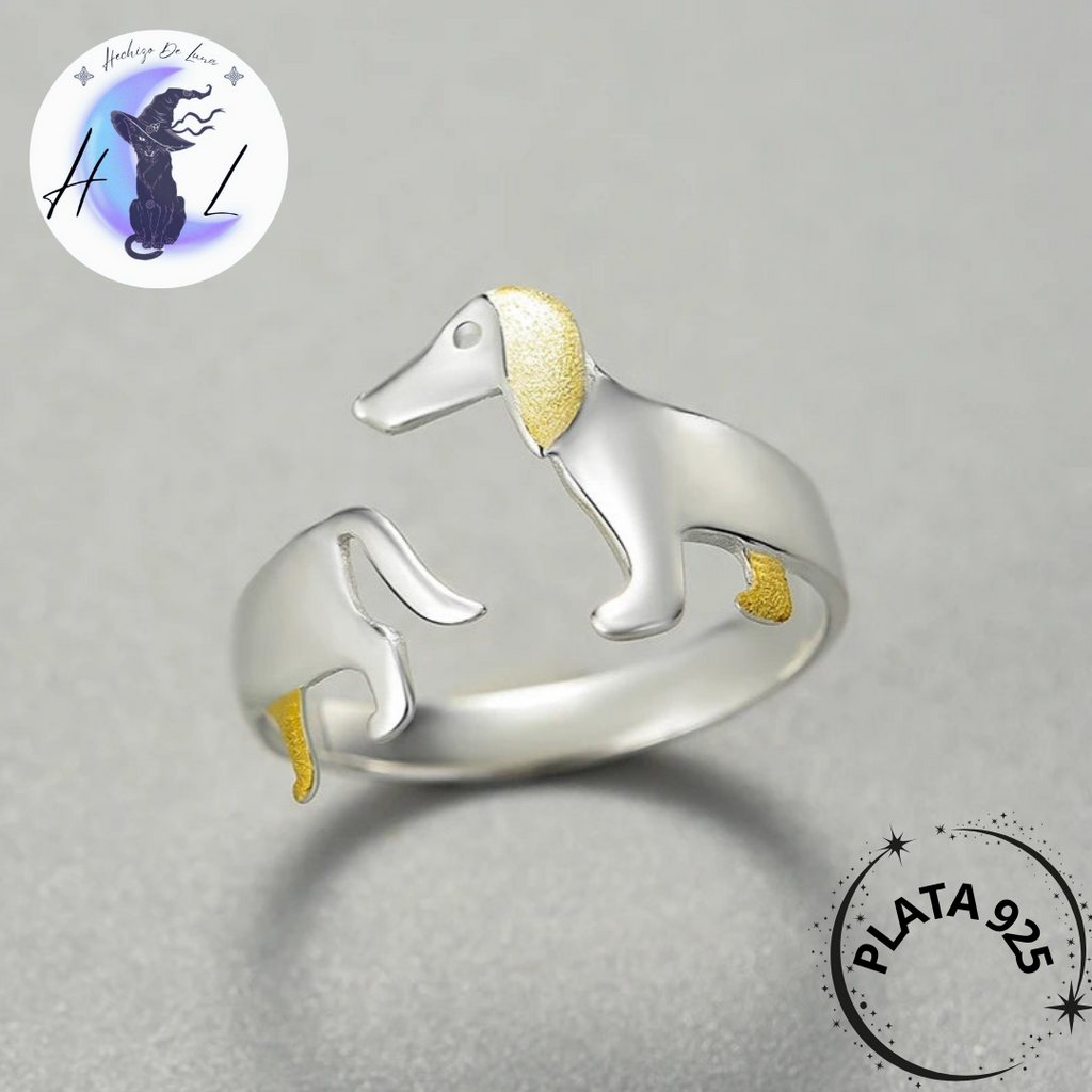 Anillo Ajustable Hecho a Mano Perro Dachshund de Plata.