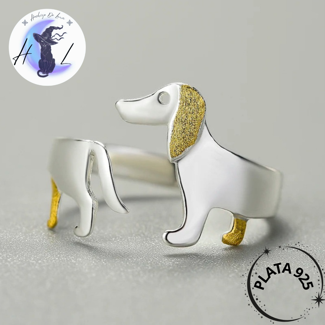 Anillo Ajustable Hecho a Mano Perro Dachshund de Plata.