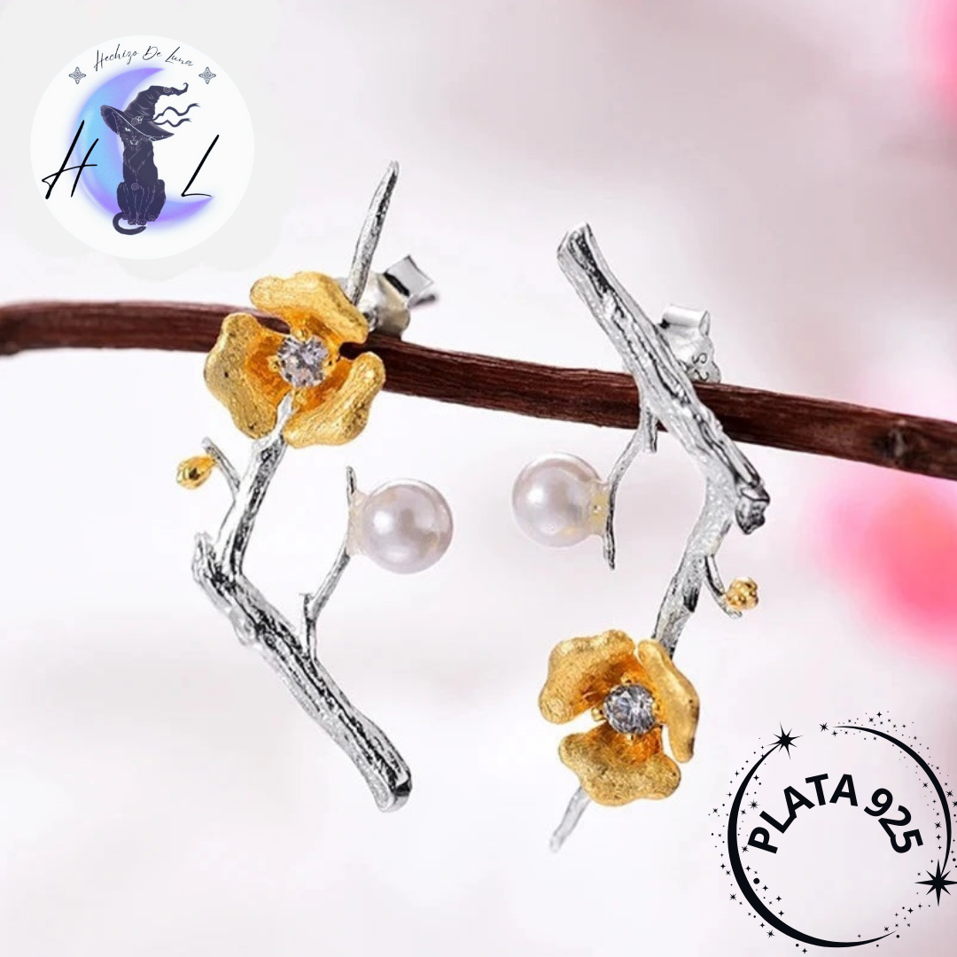 Aros Diseño Flor De Ciruelo Con Circón De Plata