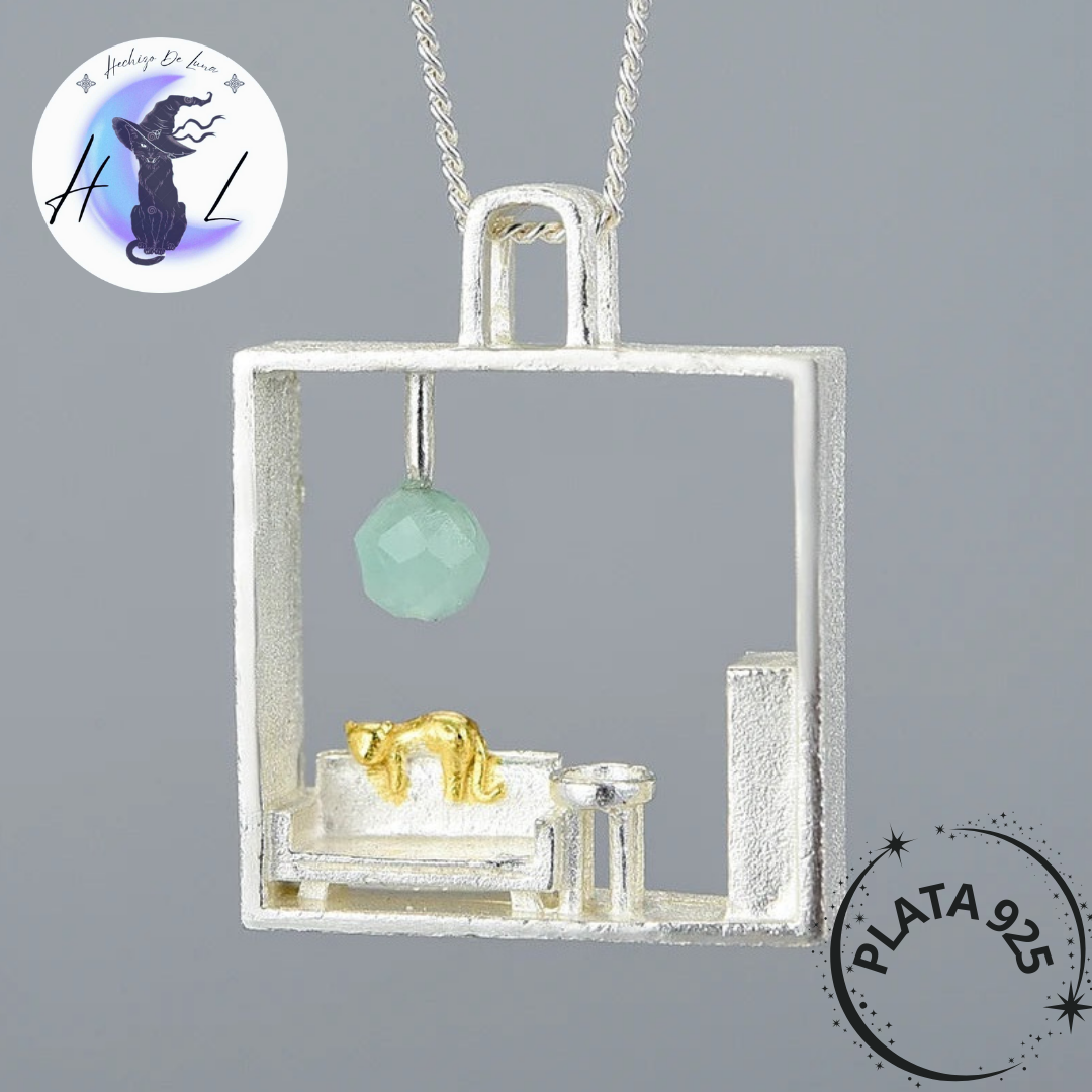 Colgante De Plata Diseño Cuadro Con Gatito.